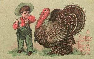 Thanksgiving Postcard 4805 Suspicious Boy with Giant Turkey Red & Green Ink