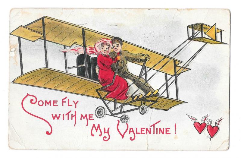 Valentine Postcard HB Griggs Artist Signed Couple in Biplane Embossed 1911