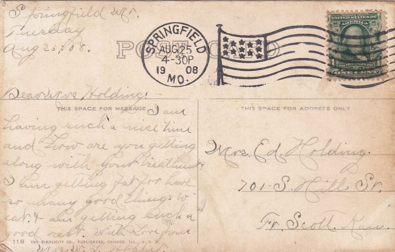 Carnegie Library Springfield Missouri MO Postcard 1908 to Ft. Scott KS A07