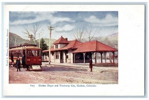 c1905 Golden Depot Tramway Car Train Track Station Golden Colorado CO Postcard