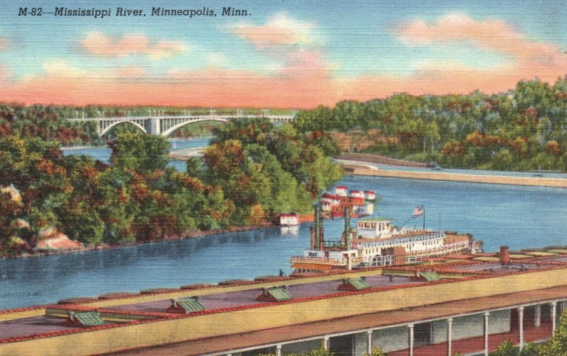 Vintage Postcard Mississippi River Bridges Ships Boats Minneapolis Minnesota MN