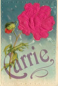 Embossed Postcard Large Letter Name Carrie Silk Applique Red Poppy Flower 189