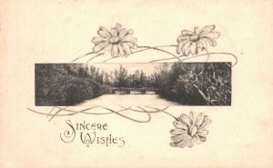 Vintage Postcard 1913 Sincere Wishes Greetings Black & White Flowers And Bridge