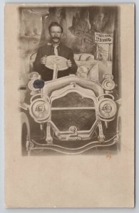 RPPC Pikes Peak CO Man In Studio Prop Car and Backdrop Photo Postcard V21