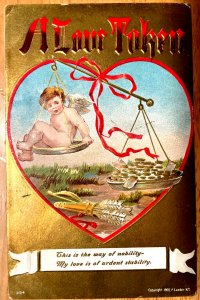 Vintage Victorian Postcard 1908 A Love Token - Gold Card with Naked Cupid