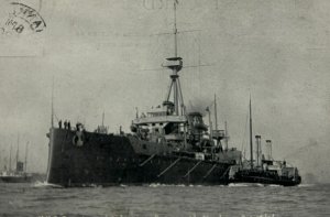 British Royal Navy HMS Dreadnought Leaving Portsmouth Harbour 1906 RPPC