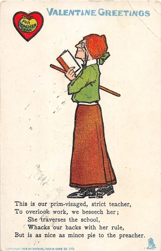 C2/ Valentine's Day Love Holiday 2 Postcards 1908 Teacher School Miss Cat 11