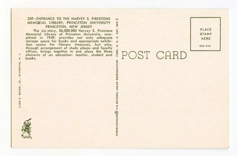 Postcard Harvey S. Firestone Memorial Library Princeton U. NJ Standard View Card 