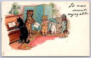 DS1/ Louis Wain Artist Signed Postcard c10 Playing Piano Humanized Cats Cat 34