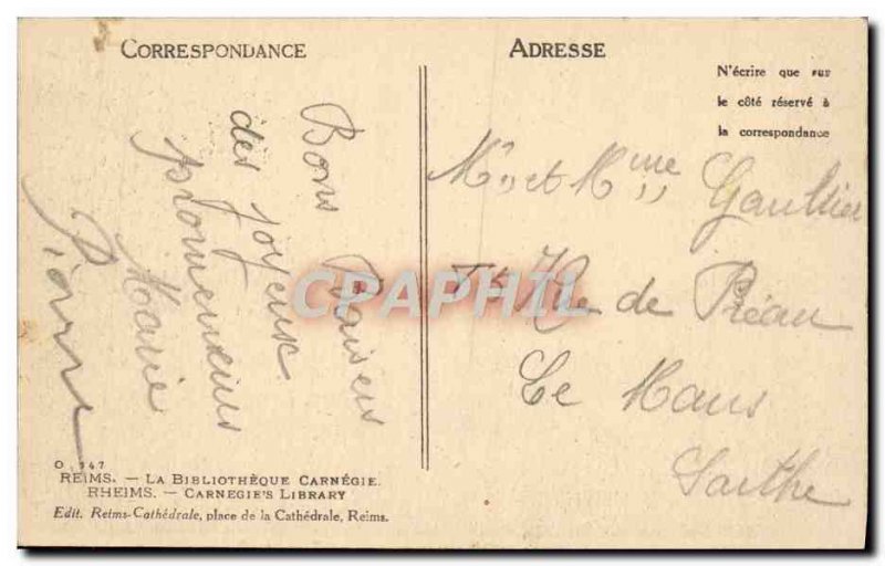 Old Postcard Carnegie Library Reims