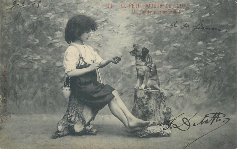 Set 4 antique postcards 1905 children topic  The little flute player  