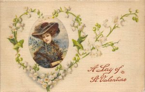 A Lay of St. Vaolentine Woman with Flower Heart Silk Embroidered 1908 