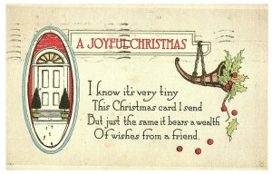 A Joyful Christmas Front Door w/ Foot Steps in Snow Holly Postcard 1917