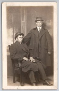 RPPC Two Handsome Men Dapper Gentlemen Hats Coats Studio Photo Postcard Q23