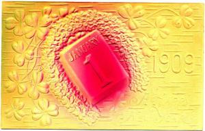 1909 Year Highly Embossed Horseshoe and Four Leaf Clover 