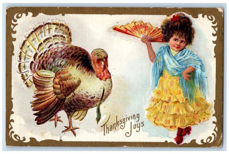 1909 Thanksgiving Joys Little Girl Fan And Turkey Nash Cortland NY Postcard 