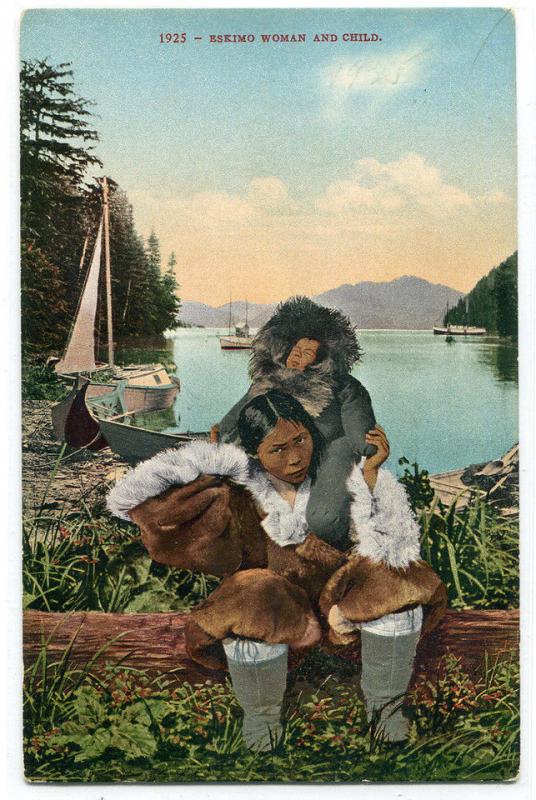 Eskimo Woman & Child on Shoreline 1910c postcard