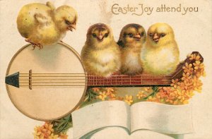 Embossed Easter Postcard Chicks Play Banjo Guitar IAPC