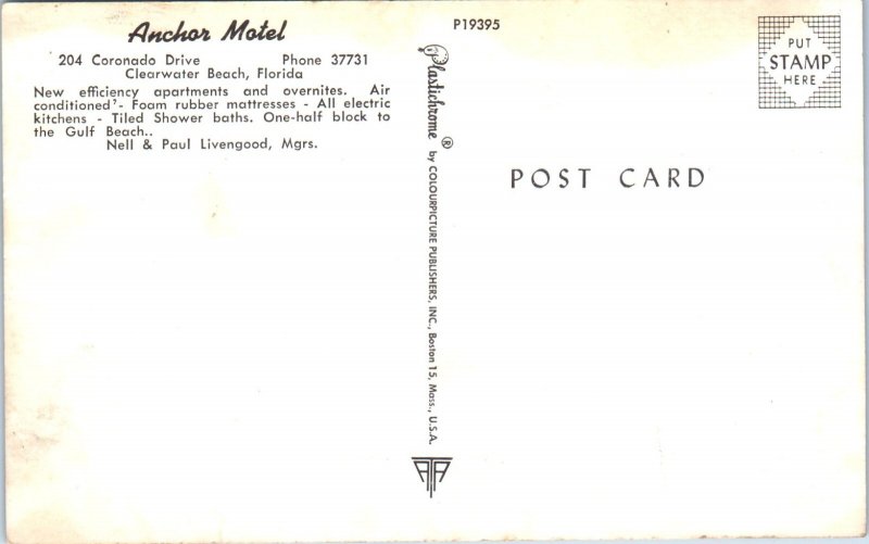 1950s Anchor Motel Clearwater Beach Florida Postcard