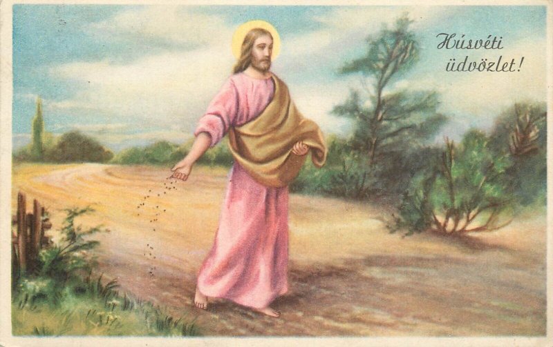 Easter greetings postcard Jesus seading the field aura nature Hungary