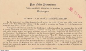 HIGHWAY POST OFFICE Service extended, 1941