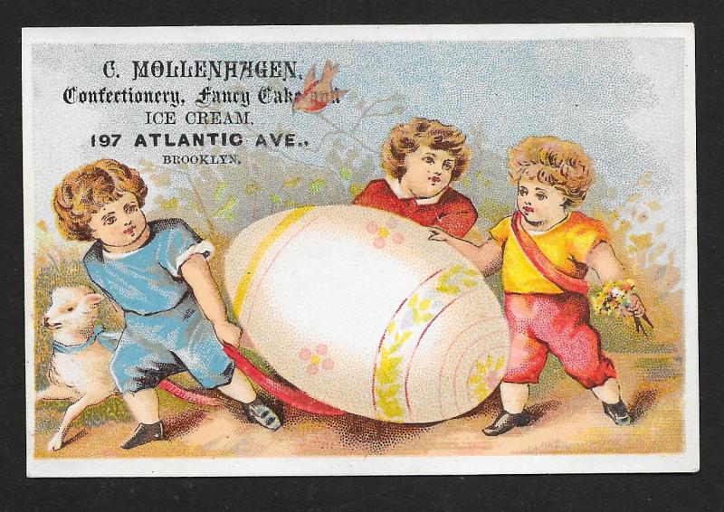 VICTORIAN TRADE CARD Mollenhagen Confectionery Kids, Huge Egg & Lamb