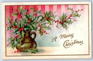 Christmas Postcard Holly Berries In Vase Clapsaddle Embossed St. Paul MN 1910