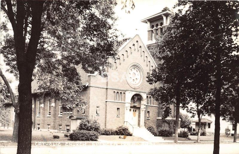 Iowa Ia Real Photo RPPC Postcard c1940s SPENCER Catholic Church Building 