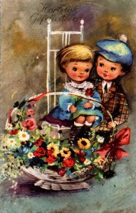 Two Cute Kids With Flowers Vintage Postcard 09.88