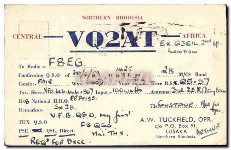 Postcard Old Telegraphie VQ2AT Norther Rhodesia