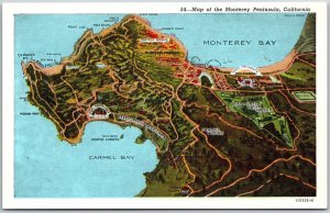 Map of Monterey Peninsula California CA Carmel Bay Monterey Bay Postcard