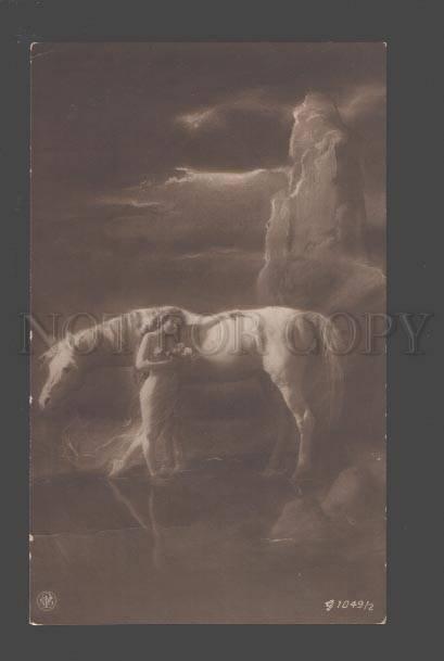 093666 NUDE Woman LONG HAIR w/ White HORSE Fairy Vintage PHOTO