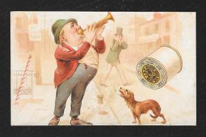 VICTORIAN TRADE CARD Coats' Thread Man Trumpet 1890 Calender