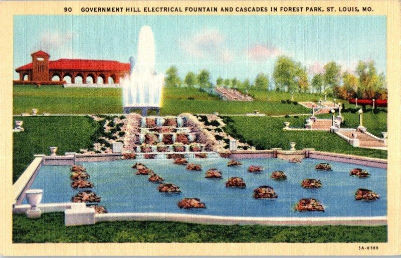 Government Hill Electrical Fountain and Cascades Forest Park Missouri Postcard