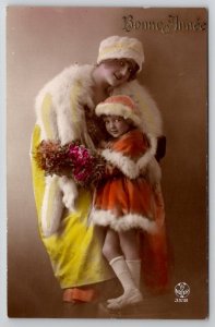 RPPC A Noyer Art Deco Woman Child Orange Yellow Hand Tinted Photo Postcard S21