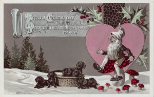 Christmas Greetings Dwarf Mushroom Holy Tree Dachshund Snow postcard B993