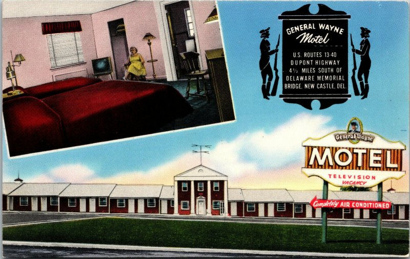 Vtg 1950s General Wayne Motel New Castle Delaware DE Unused Chrome Postcard