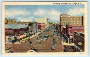 FARGO, North Dakota ND Street Scene BROADWAY looking North c1940s Linen Postcard