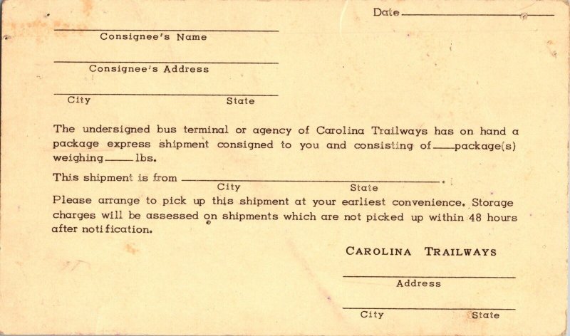 Carolina Trailways Shipping Notification Vintage Postcard L55 