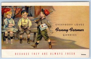 1947 FANNY FARMER CANDIES BOY SOLDIER DELIVERS CANDY ADVERTISING LINEN POSTCARD