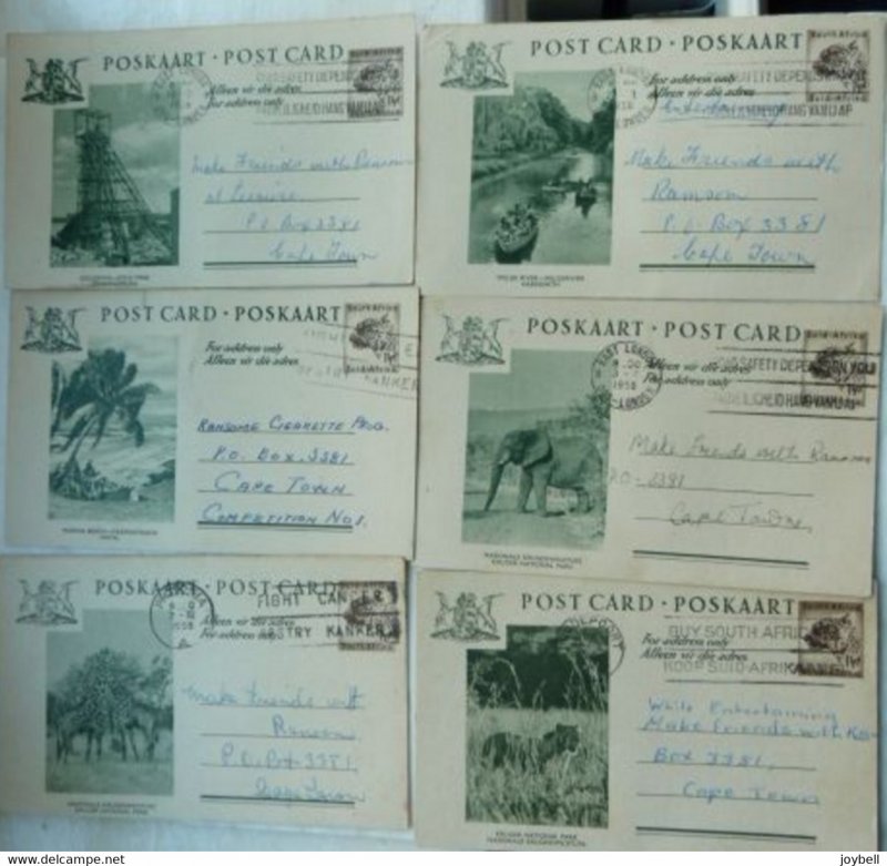 South Africa 1958 six used  Illustrated Stationery Postcards with slogans