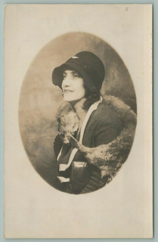 RPPC Lady w/Cloche Hat & Fur Scarf Shawl~White Trim Jacket~1920s Oval Portrait 
