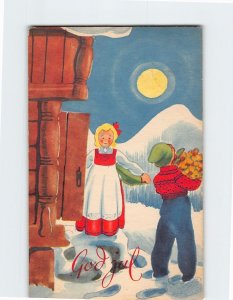 Postcard A Girl & A Boy Bringing Firewood Inside the House Merry Christmas Card