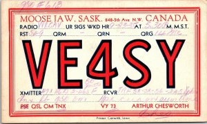 VINTAGE POSTCARD QSL HAM AMATEUR RADIO CALLING CARD VE4SY MOOSE JAW SASKATCHEWAN