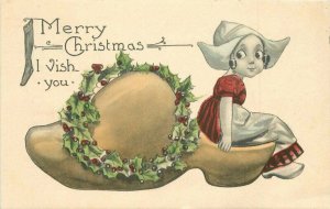 Artist Dutch Girl Wall Wooden Shoe Merry Christmas 1912 Postcard  20-13341