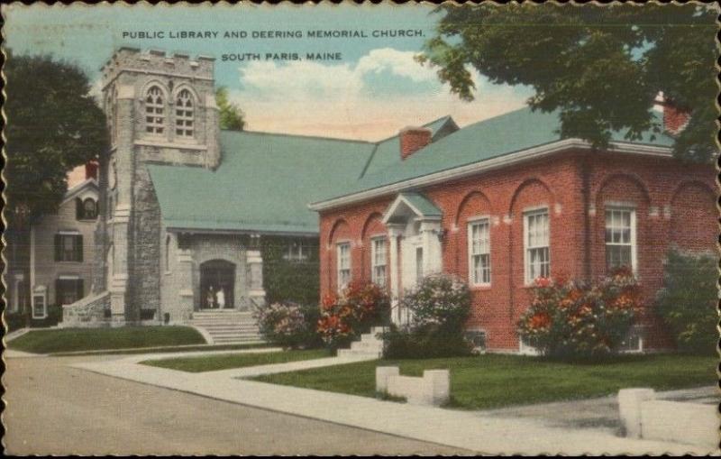 South Paris ME Library & Church Postcard