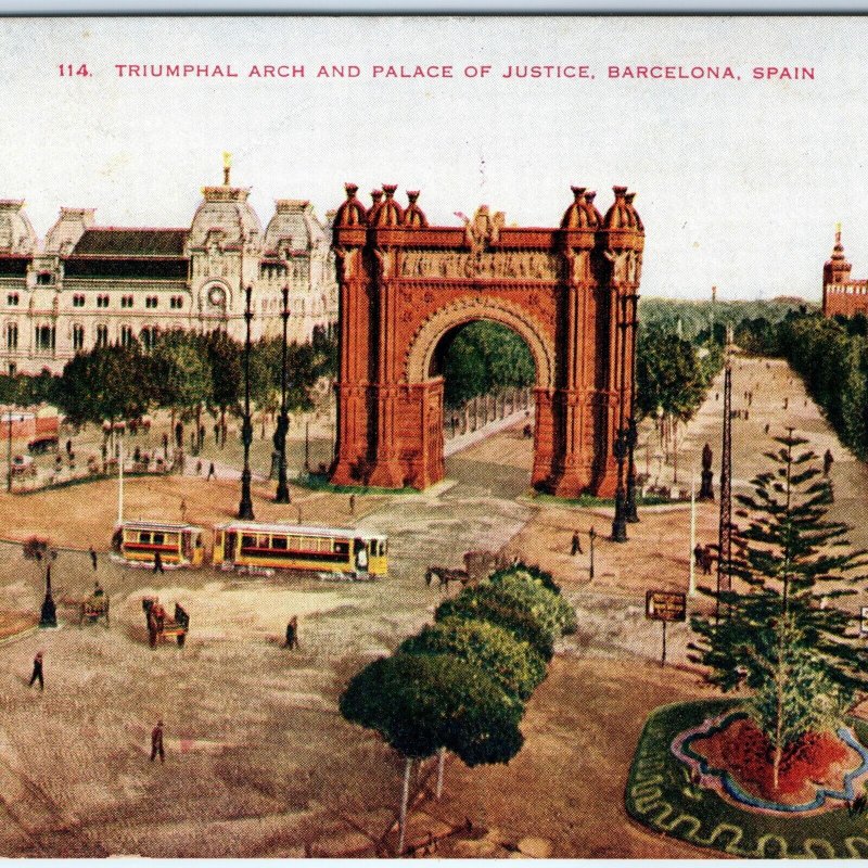 c1910s Barcelona Spain Triumphal Arch Palace of Justice Birds Eye Streetcar A184