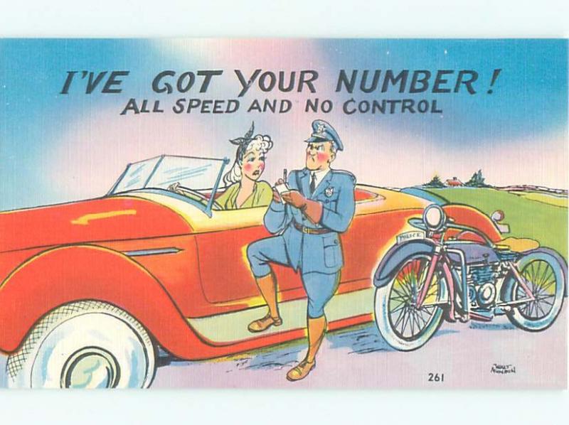 Linen Comic MOTORCYCLE POLICE MAN PULLS OVER WOMAN SPEEDING AC6955