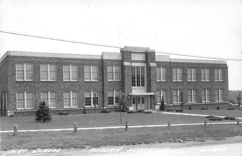 Auburn Nebraska~High School Building~Low Fence Along Sidewalk~1946 RPPC