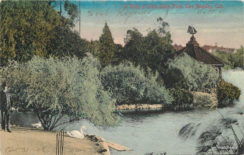 1908 LOS ANGELES CA Vista West Lake Park Hand Colored Rieder postcard 2945